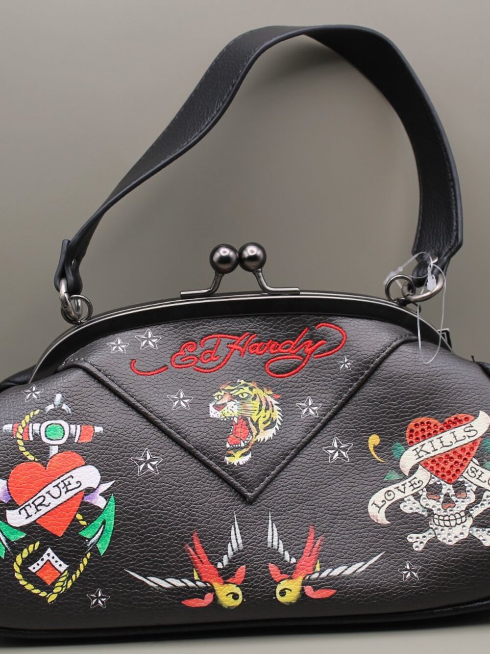 Ed Hardy Charly Black Tattoo Kiss Lock Shoulder Bag Tiger Skull NWT
